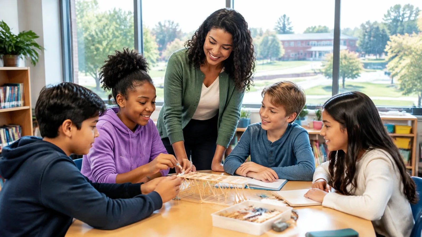 A teacher guides students through a classroom activity.
