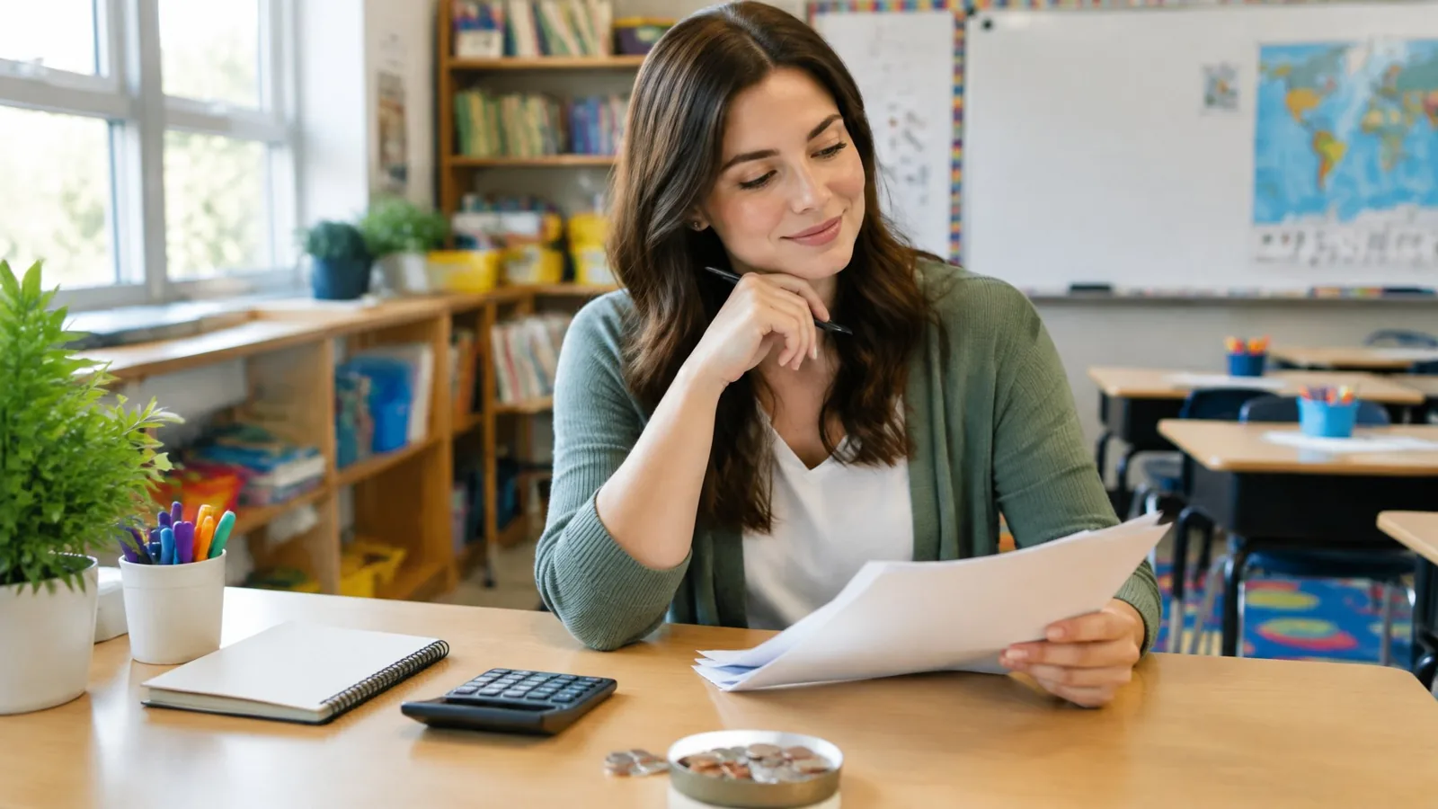 A first-year teacher reviews papers and a budget at a desk in a classroom.