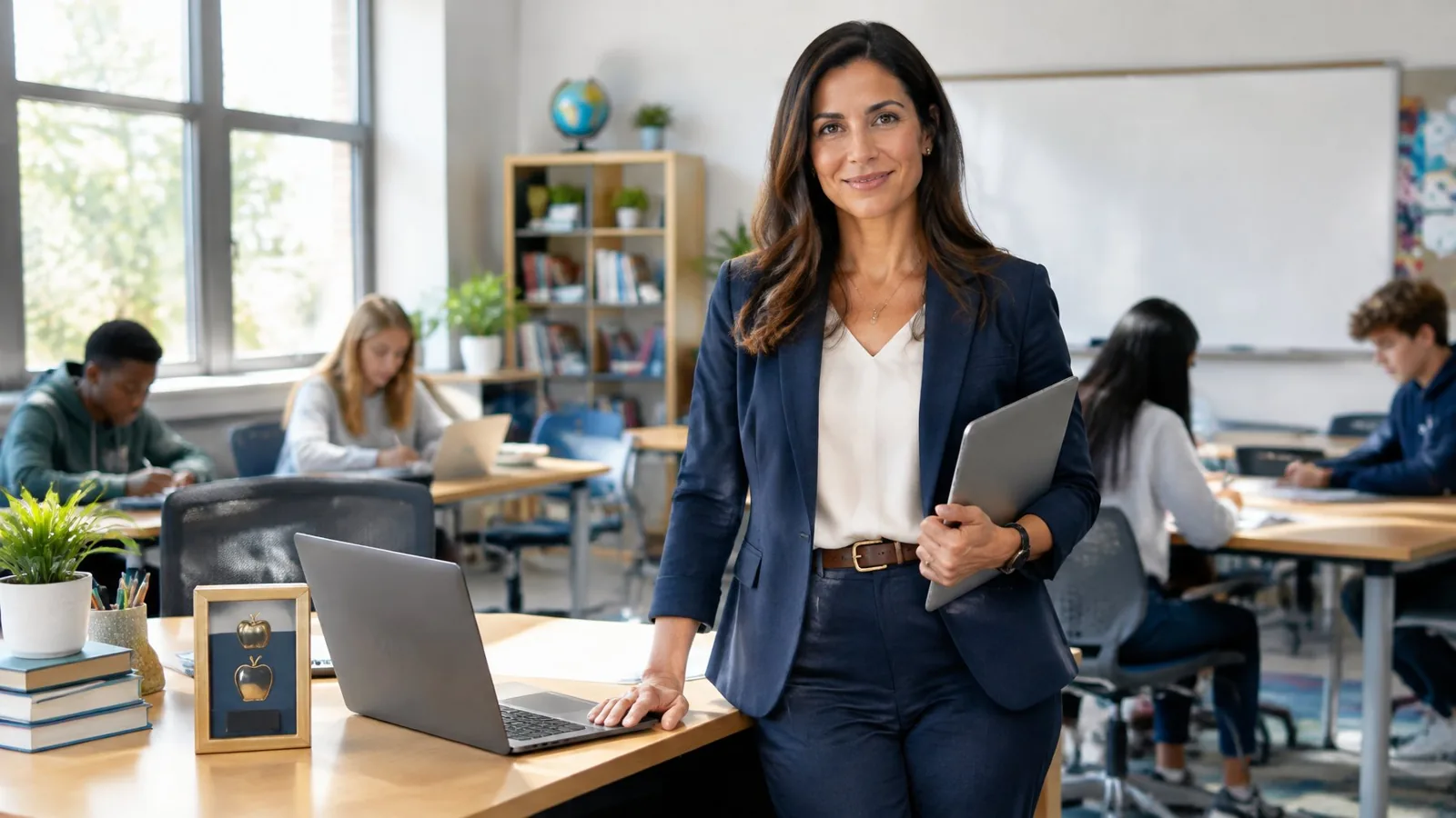 A teacher stands beside a desk in a classroom while students work in the background.