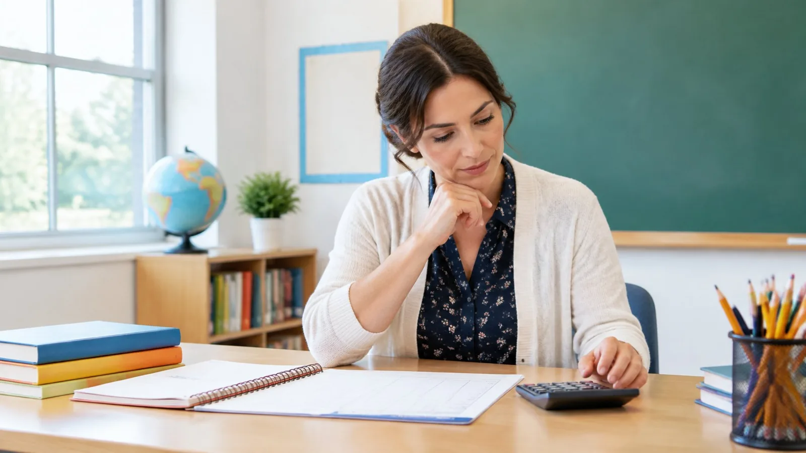A teacher reviews a lesson plan at a desk in a classroom.