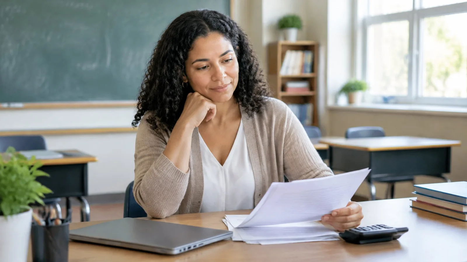 A teacher reviews papers and uses a calculator at a classroom desk.