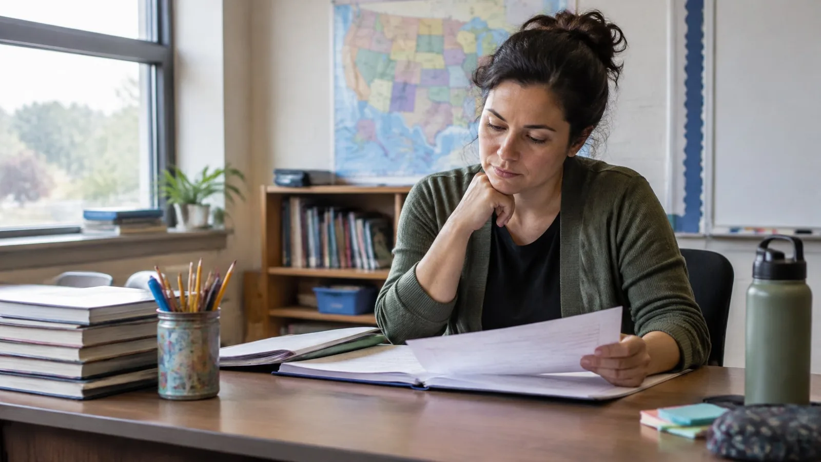 A teacher reviews lesson materials at a desk in a classroom.