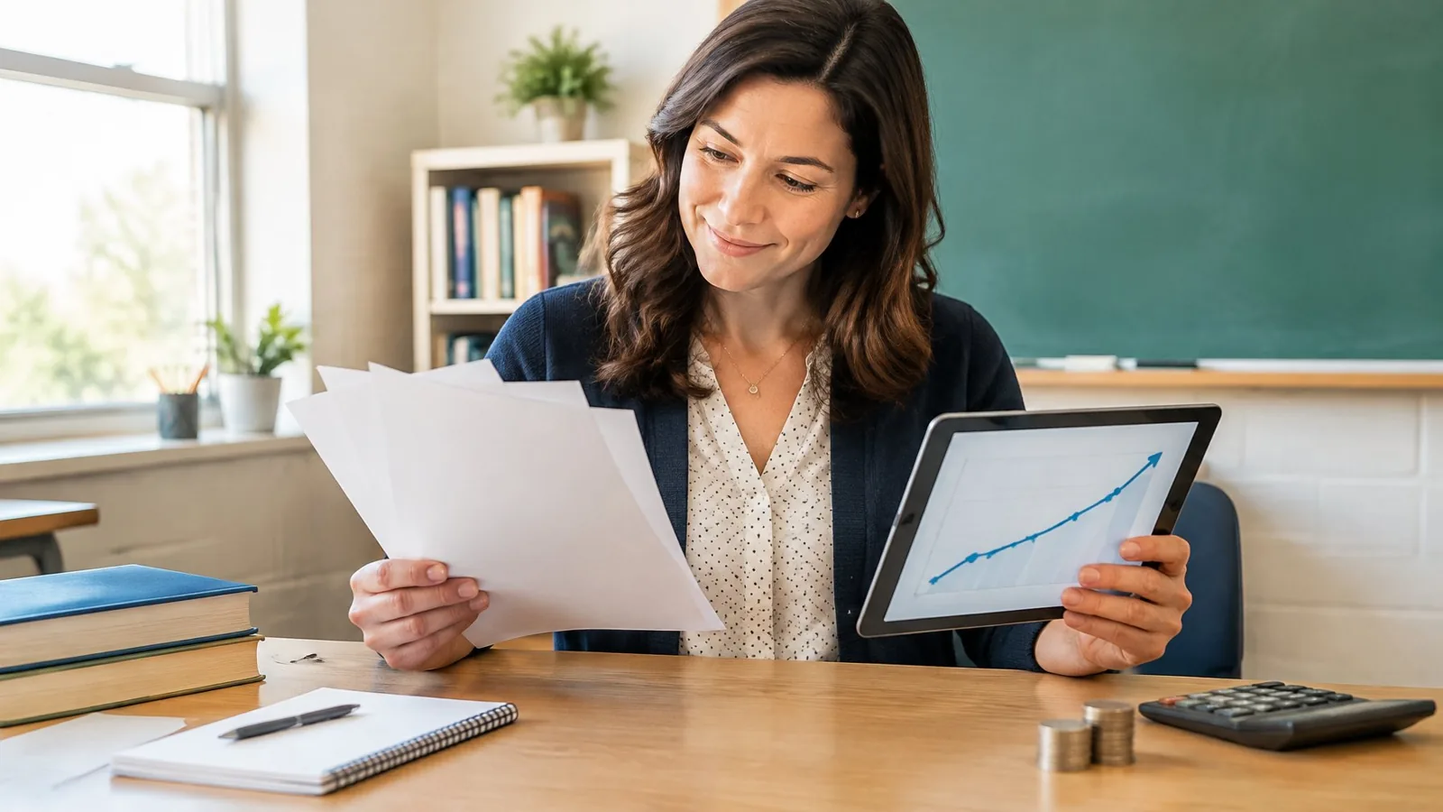 A teacher reviews a rising chart on a tablet at a classroom desk.