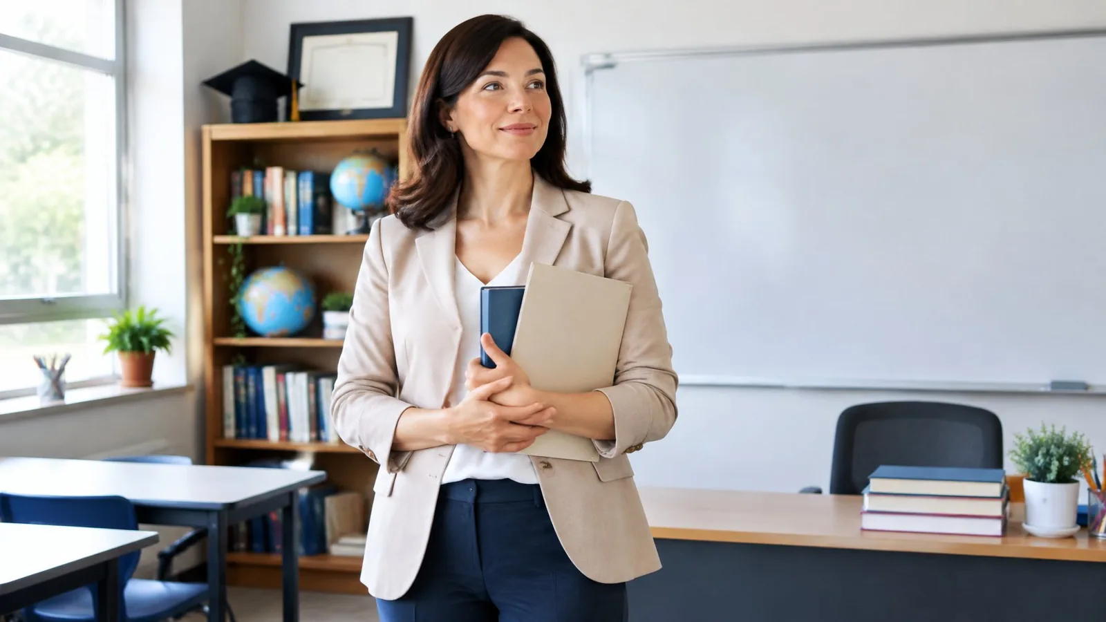 A teacher stands in a classroom holding a book and folder, with a graduation cap and diploma on a shelf.