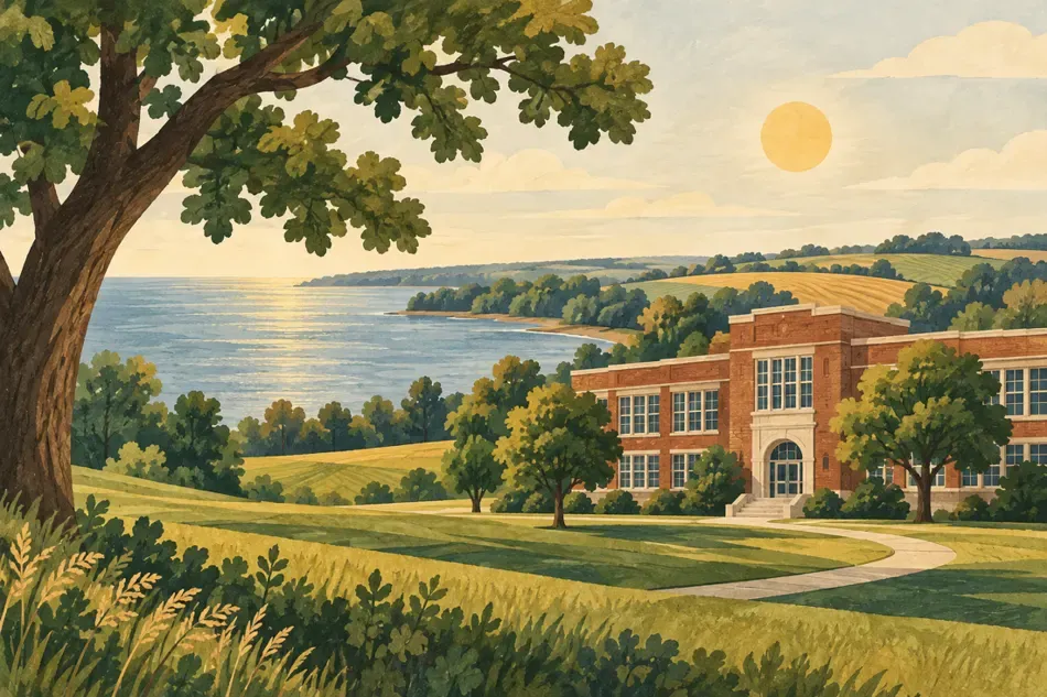 Midwest landscape with a school, trees and warm sunlight.
