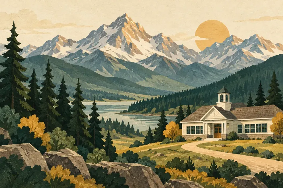 Mountain West landscape with a school, trees and warm sunlight.
