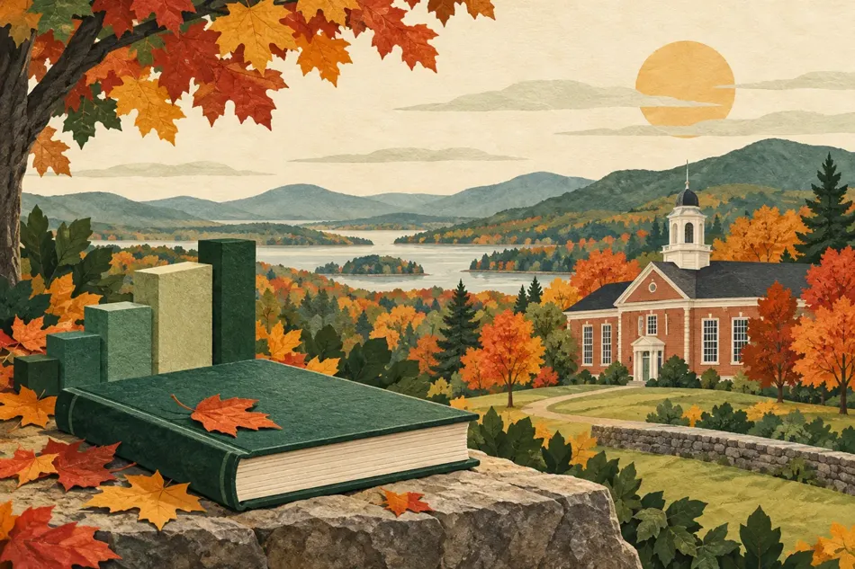 Northeast landscape with a school, trees and warm sunlight.